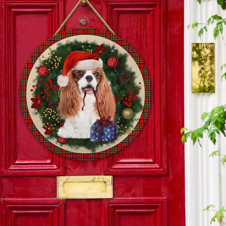 Merry Christmas Cavalier King Charles Spaniel Round Wood Sign | Home Decoration | Waterproof | WS1355-Gerbera Prints.
