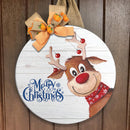 Merry Christmas - Cute Reindeer - Xmas Door Hanger Sign Round Wood Sign | Home Decoration | Waterproof | WS1253-Gerbera Prints.