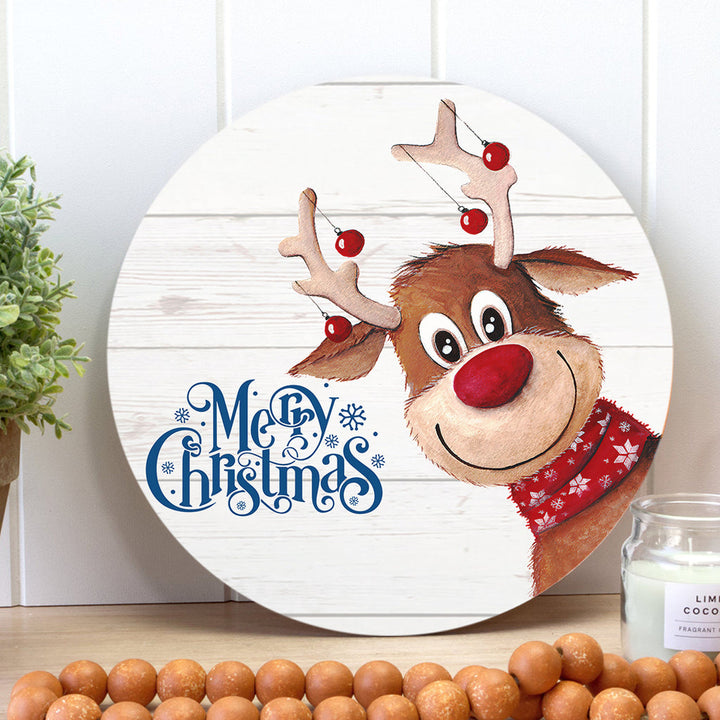 Merry Christmas - Cute Reindeer - Xmas Door Hanger Sign Round Wood Sign | Home Decoration | Waterproof | WS1253-Colorful-Gerbera Prints.