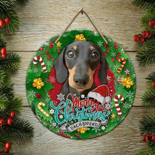 Merry Christmas Dachshund Round Wood Sign | Home Decoration | Waterproof | WS1370-Colorful-Gerbera Prints.