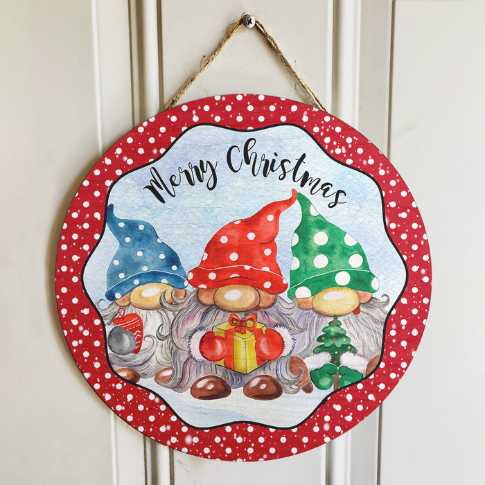 Merry Christmas Gnomies Polka Dots Round Wood Sign | Home Decoration | Waterproof | WS1233-Colorful-Gerbera Prints.