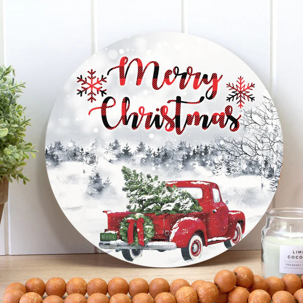 Merry Christmas - Red Truck Sign - Xmas Tree - Xmas Door Sign Decor - Christmas Gift Round Wood Sign | Home Decoration | Waterproof | WS1313-Gerbera Prints.