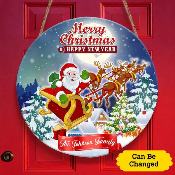 Merry Christmas Santa's Reindeer Sleigh Ride Custom Round Wood Sign | Home Decoration | Waterproof | WN1420-Gerbera Prints.