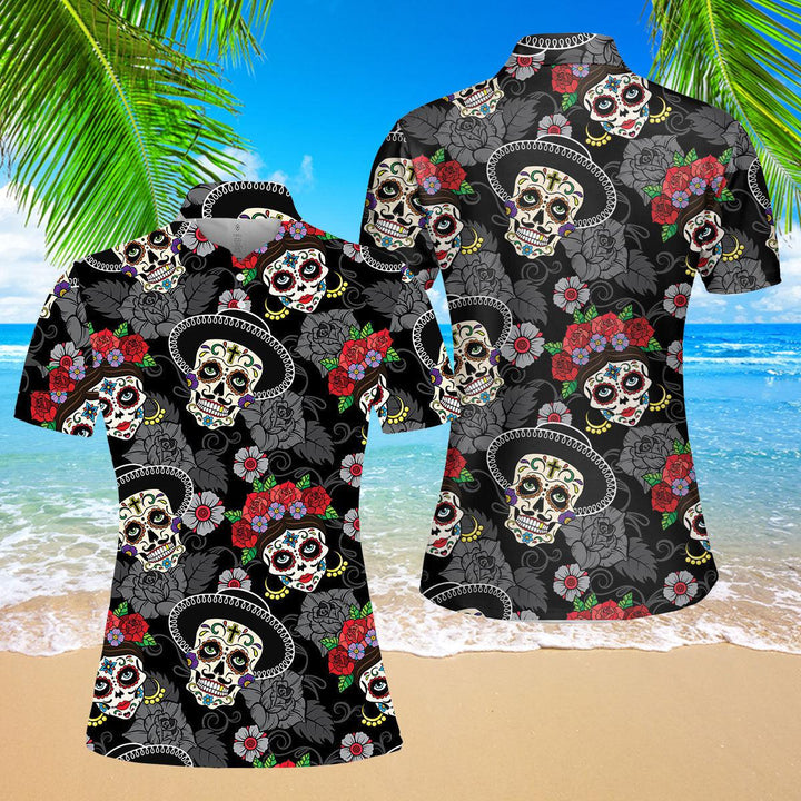 Mexican Skull Day Of The Dead Polo Shirt For Women