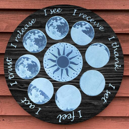 Moon Phase Intention Crystal Grid Altar Tile For Moon Magic Round Wood Sign | Home Decoration | Waterproof | WS1177-Colorful-Gerbera Prints.