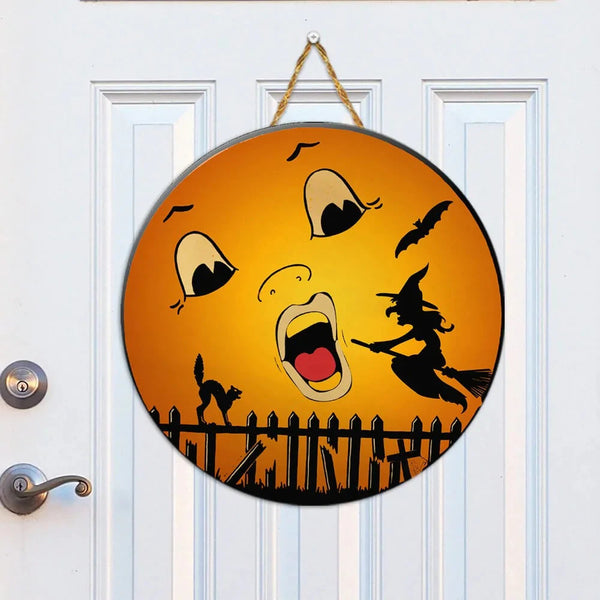 Moon Vintage Halloween Door Hanger Round Wood Sign | Home Decoration | Waterproof | WS1203-Colorful-Gerbera Prints.