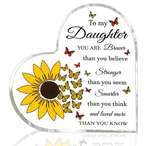 Mother's Day To My Daughter Sunflower Butterflies Heart Shaped Acrylic Plaque Gift For Mom & For Dad HA1006-Colorful-Gerbera Prints.