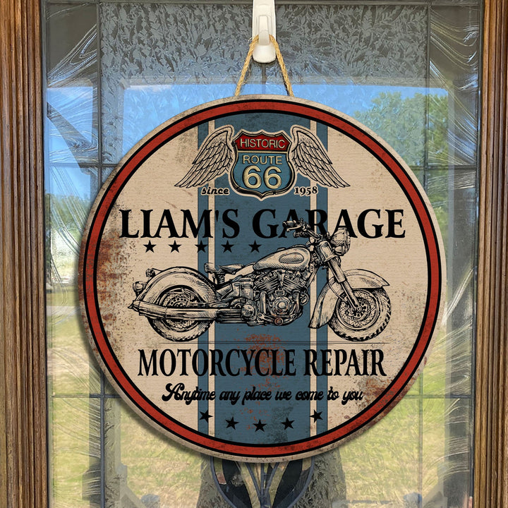 Motorcycle Garage Mechanic Shop Sign Custom Round Wood Sign | Home Decoration | Waterproof | WN1525-Gerbera Prints.
