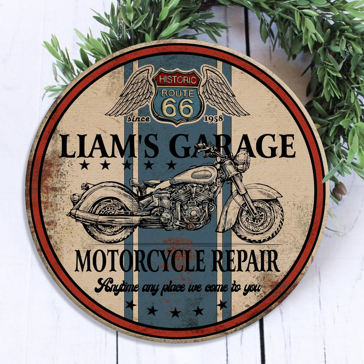 Motorcycle Garage Mechanic Shop Sign Custom Round Wood Sign | Home Decoration | Waterproof | WN1525-Colorful-Gerbera Prints.