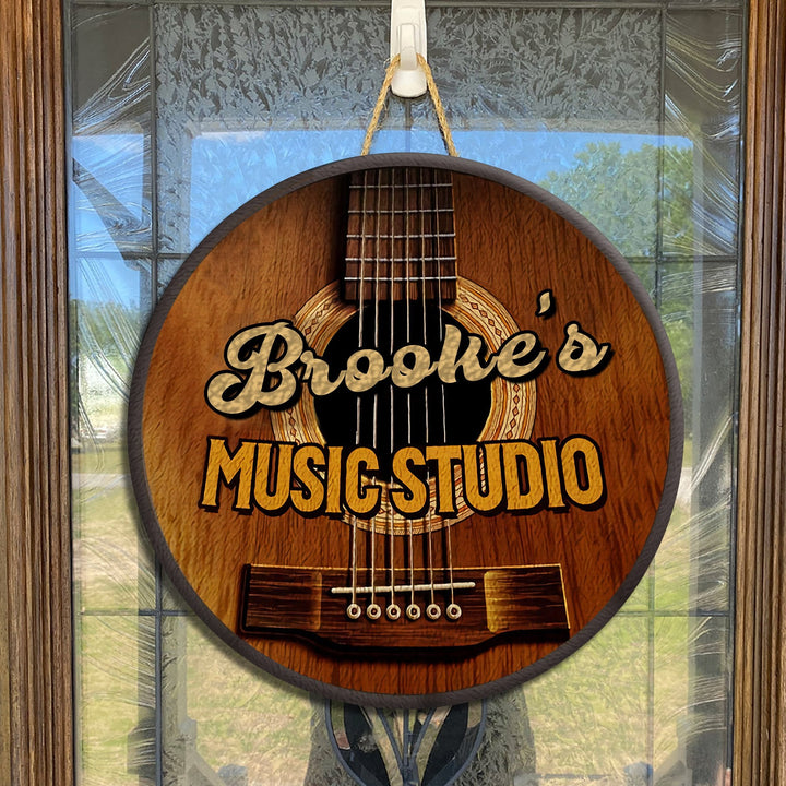 Music Studio Guitar Sign Custom Round Wood Sign | Home Decoration | Waterproof | WN1526-Gerbera Prints.