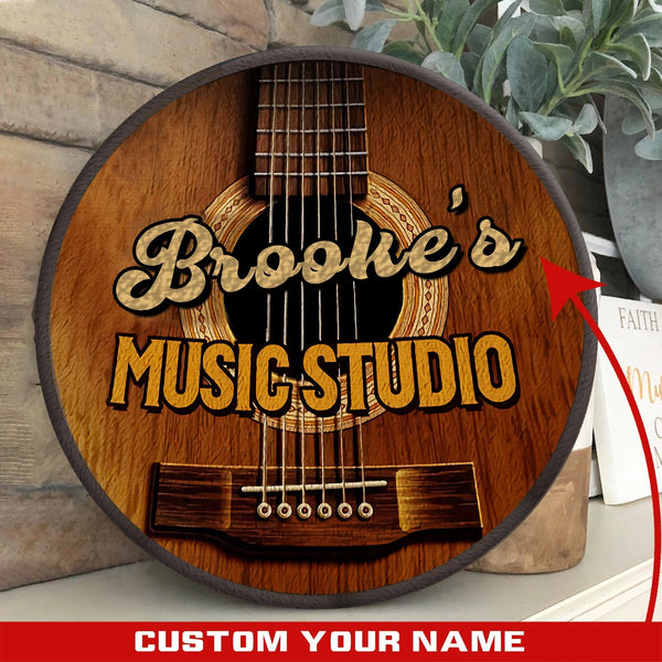 Music Studio Guitar Sign Custom Round Wood Sign | Home Decoration | Waterproof | WN1526-Colorful-Gerbera Prints.