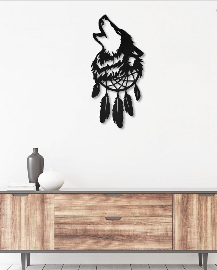 Native Wolf Dream Catcher Feathers - Metal House Sign
