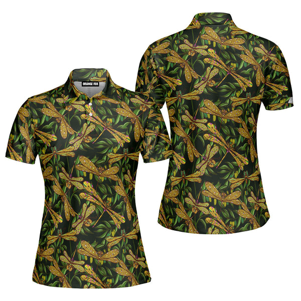 Nature Colorful Dragonflies Olive Branches Polo Shirt For Women