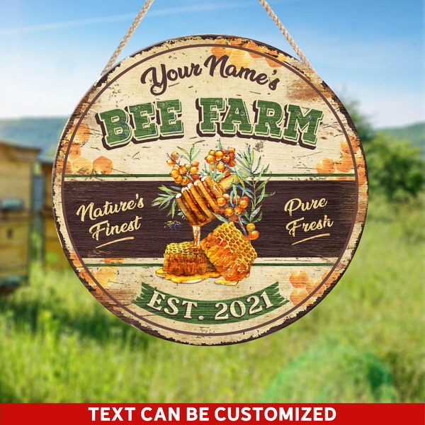 Natures Finest Pure Fresh Bee Farm Custom Round Wood Sign | Home Decoration | Waterproof | WN1323-Colorful-Gerbera Prints.