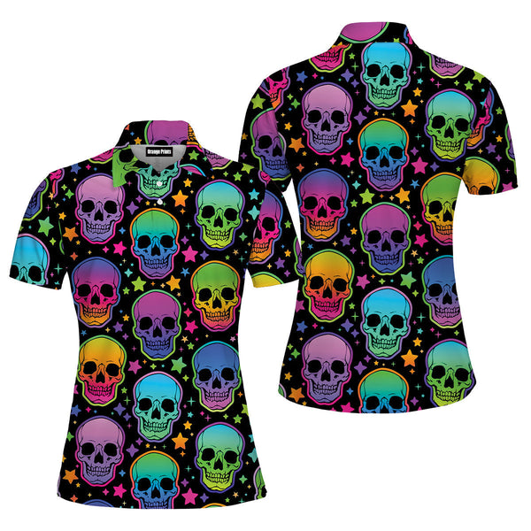 Neon Bright Skulls Pattern Polo Shirt For Women