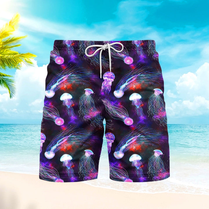 Neon Jellyfish Pattern Galaxy Beach Shorts For Men