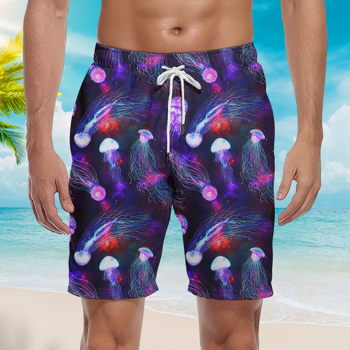 Neon Jellyfish Pattern Galaxy Beach Shorts For Men