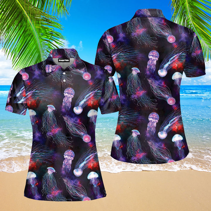 Neon Jellyfish Pattern Polo Shirt For Women