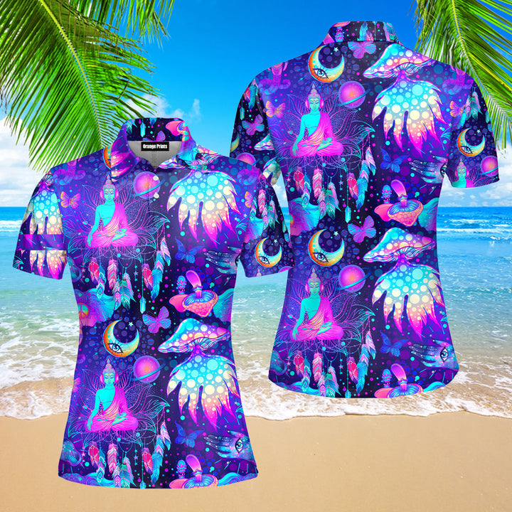 Neon Trippy Hippie Mushrooms Polo Shirt For Women