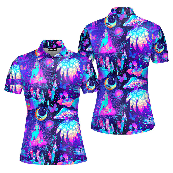 Neon Trippy Hippie Mushrooms Polo Shirt For Women
