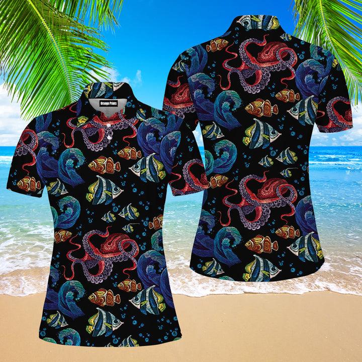 Octopus Sea Wave Tropical Fishes Pattern Polo Shirt For Women