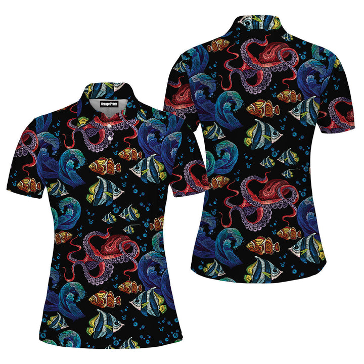 Octopus Sea Wave Tropical Fishes Pattern Polo Shirt For Women