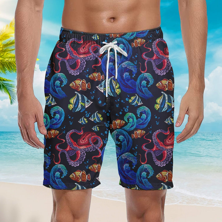 Octopus With Sea Wave Pattern Blue Beach Shorts For Men