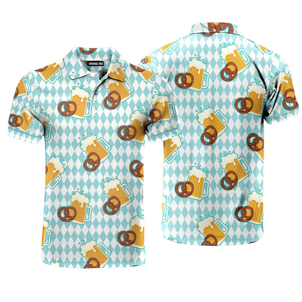 Oktoberfest Beer And Pretzels Blue Checkered Polo Shirt For Men