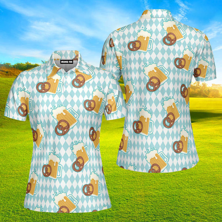 Oktoberfest Beer And Pretzels Blue Checkered Polo Shirt For Women