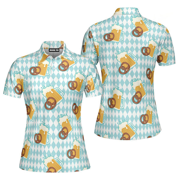 Oktoberfest Beer And Pretzels Blue Checkered Polo Shirt For Women