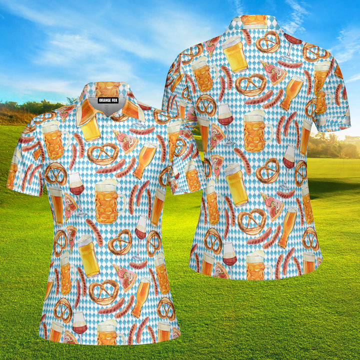 Oktoberfest Beer Pretzels Sausage Blue Checkered Polo Shirt For Women