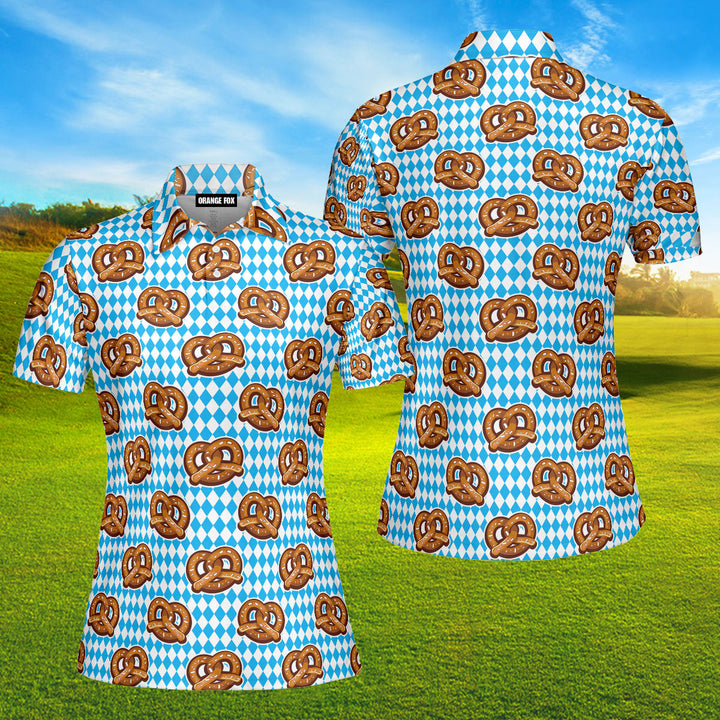 Oktoberfest Pretzels Blue Checkered Polo Shirt For Women