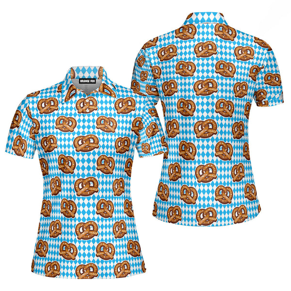 Oktoberfest Pretzels Blue Checkered Polo Shirt For Women