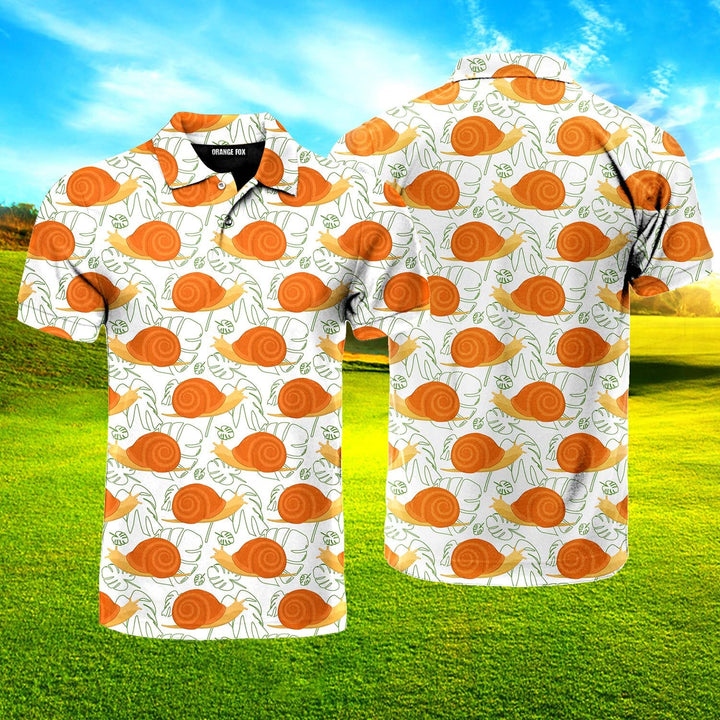 Orange Snails With Monstera Leaves Polo Shirt For Men