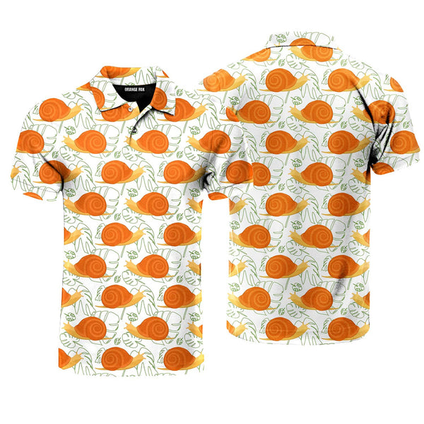 Orange Snails With Monstera Leaves Polo Shirt For Men