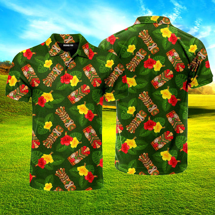 Tiki Mask Hibiscus Flowers Tropical Summer On Paradise Beach  Polo Shirt For Men