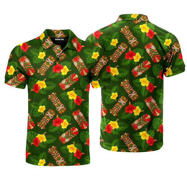 Tiki Mask Hibiscus Flowers Tropical Summer On Paradise Beach  Polo Shirt For Men