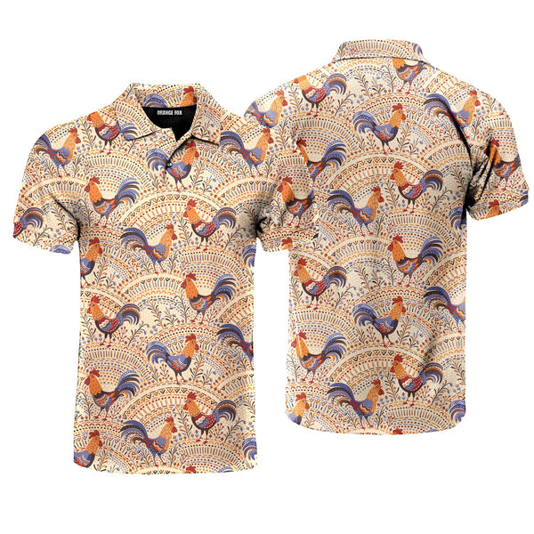 Chicken Roosters In Floral Ornament On A Beige Native Pattern Polo Shirt For Men