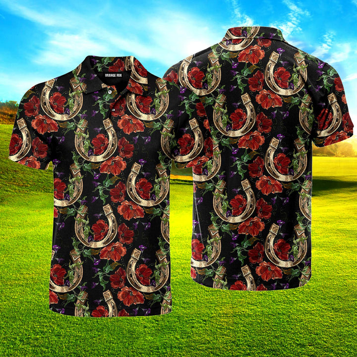 Gold Horse Racingshoe Red Poppies Flowers Polo Shirt For Men