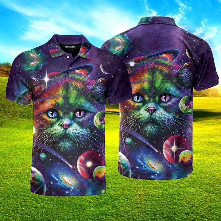 Colorful Rainbow Cat Space Galaxy Planet Polo Shirt For Men