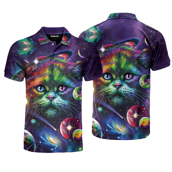 Colorful Rainbow Cat Space Galaxy Planet Polo Shirt For Men