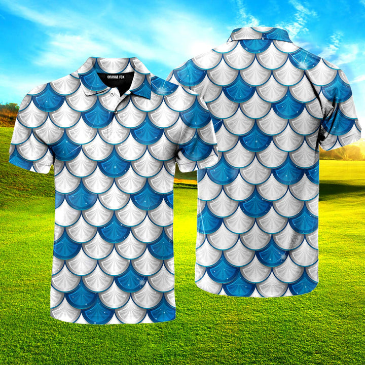 Blue And White Mermaid Scales Polo Shirt For Men