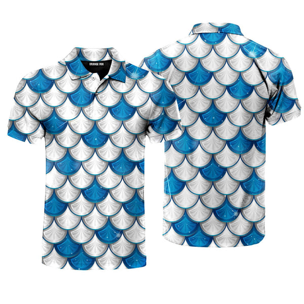 Blue And White Mermaid Scales Polo Shirt For Men