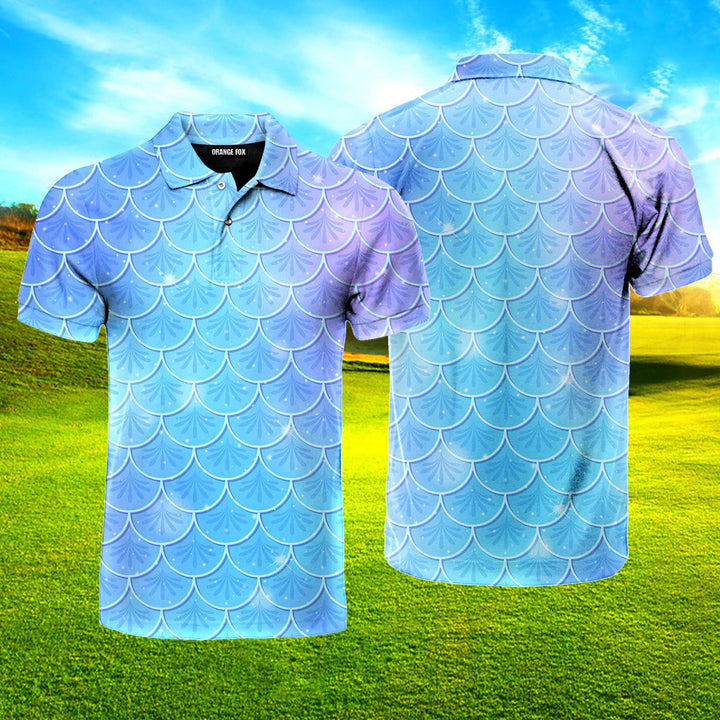 Blue Holographic Mermaid Scales Polo Shirt For Men