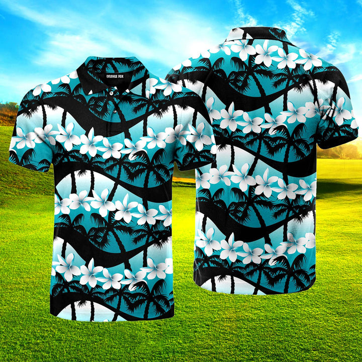 Blue Tropical Flowers With Palm Tree Polo Shirt For Men