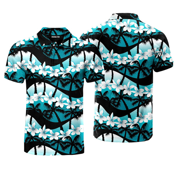 Blue Tropical Flowers With Palm Tree Polo Shirt For Men