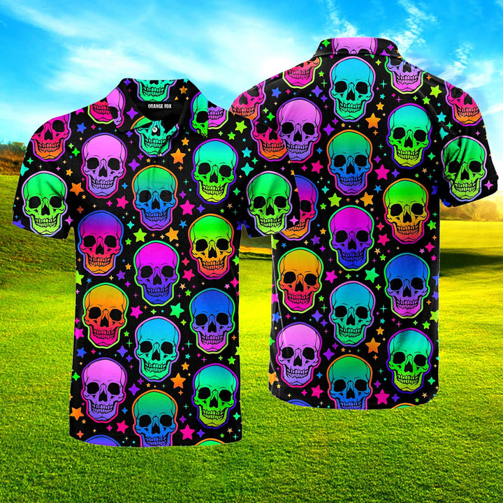 Neon Bright Skulls Pattern Polo Shirt For Men