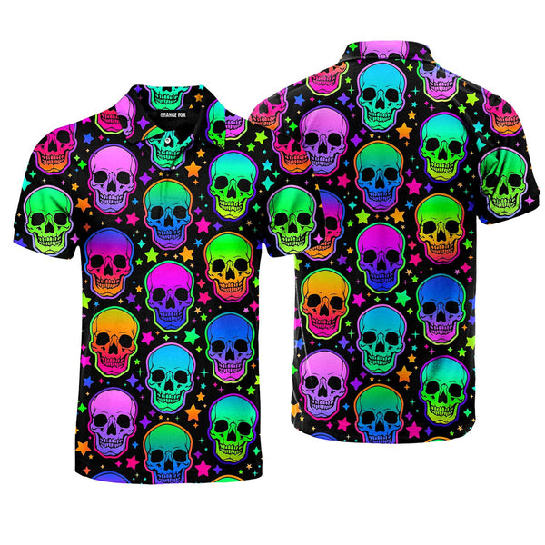 Neon Bright Skulls Pattern Polo Shirt For Men