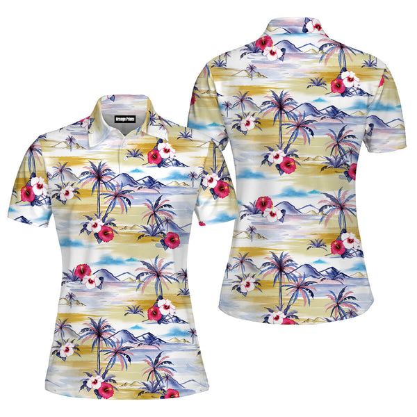 Palm Tree Island Tropical Beach Polo Shirt For Women