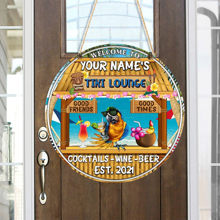 Parrot Drinks Tiki Lounge Sign Custom Round Wood Sign | Home Decoration | Waterproof | WN1385-Gerbera Prints.